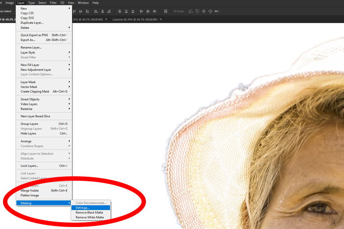 The Photoshop software open, featuring a womans portrait, and with a highlighted tool for defringing. 