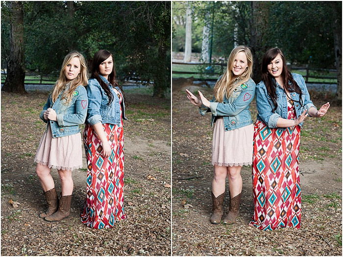 Diptych senior photos of best friends posing outdoors