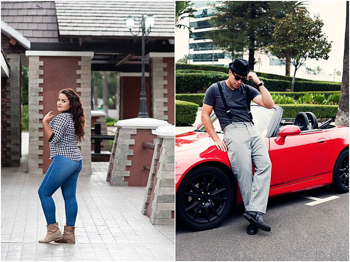 Cool senior photography diptych of a dark haired girl posing in front of a house, and a man posing by a red car