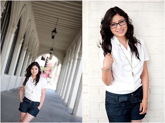 A senior photography diptych of a dark haired girl posing outdoors