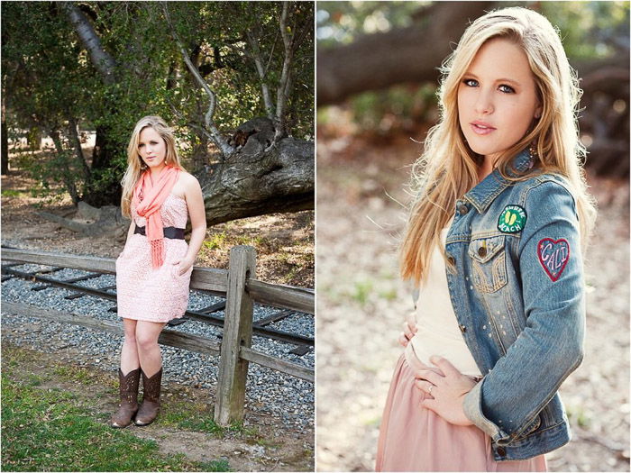 A bright and airy senior portrait diptych of a blonde girl posing casually outdoors