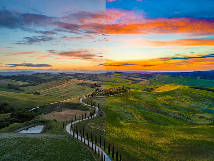 A stunning landscape divided in half to show the difference between using vibrance vs saturation 