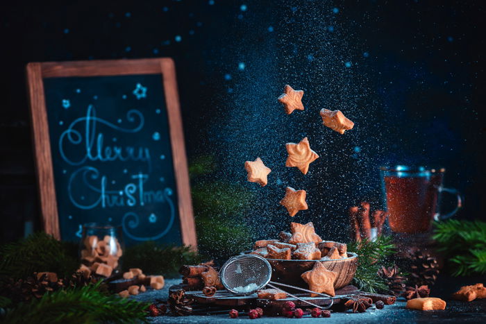 Cool Christmas photos still life of cookies levitating over a still life set up