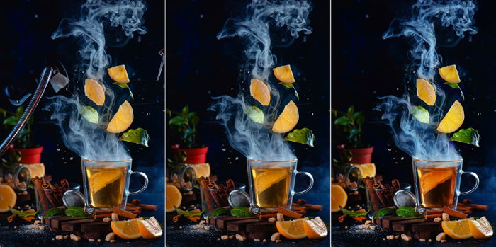 Levitating lemon slices and tea leaves triptych