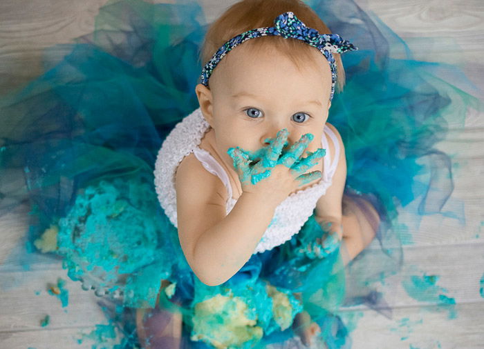 A cute portrait of a young baby with DIY photo background