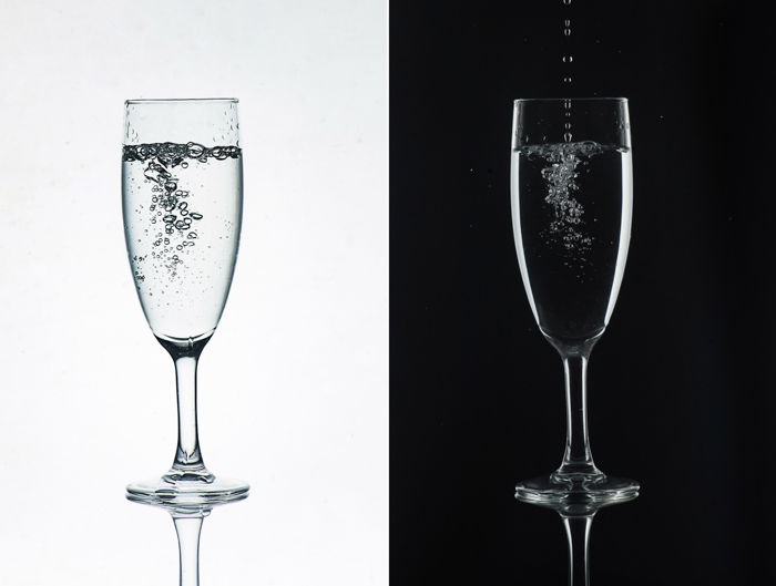 A glass photography diptych - a wineglass on white background and on black background