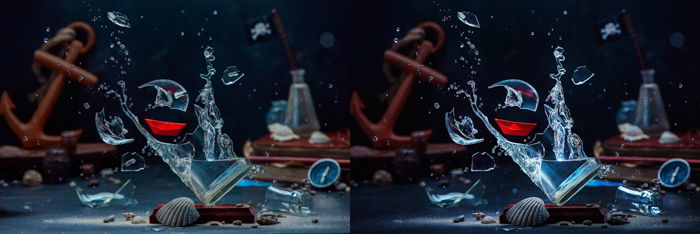 A creative exploding glass photo diptych comparing before and after editing