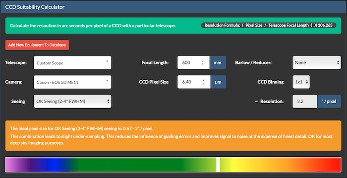 Screenshot of an Image resolution calculator where the image resolution is compared with seeing conditions.