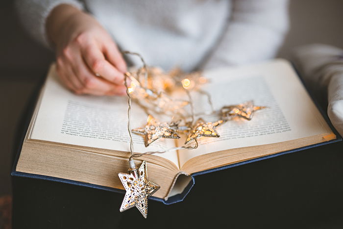 Christmas lights on a book