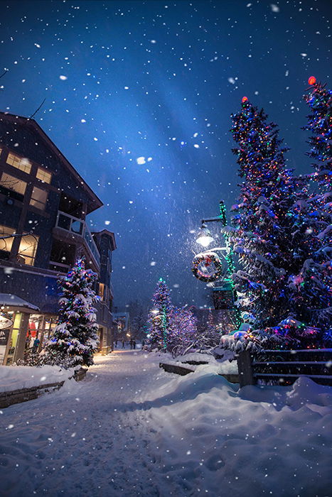 A festive winter street scene