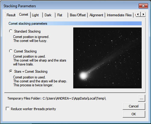  The Comet tab in the Stacking Parameters panel. Deep Sky Stacker interface