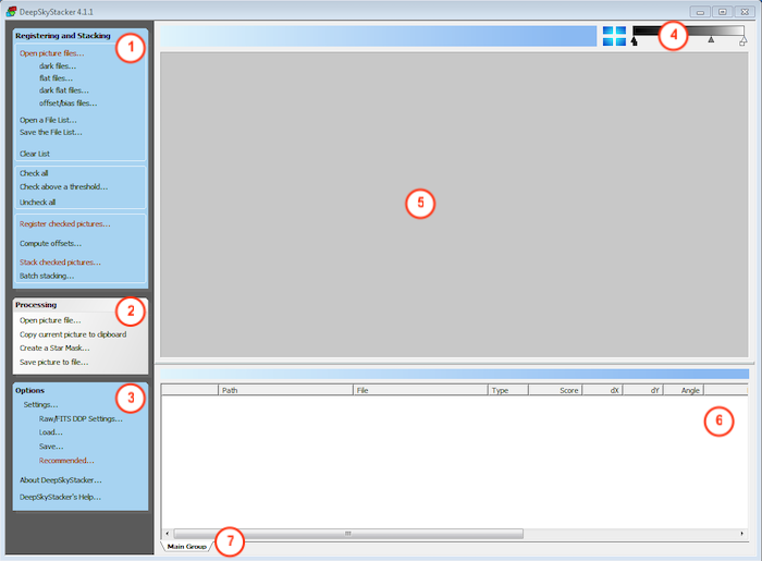 Deep Sky Stacker interface divided in 7 main sections and no menu bar.