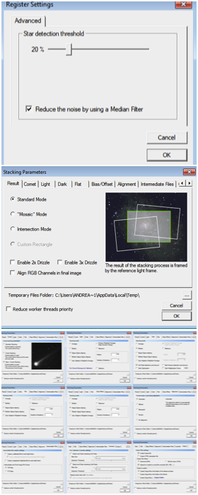 The Register Settings window (top) and the 10 menus for the Stacking Settings. deep sky stacker tutorial