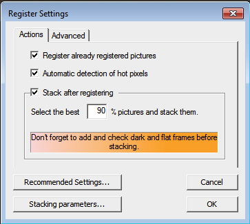 The Register Settings panel on deep sky stacker