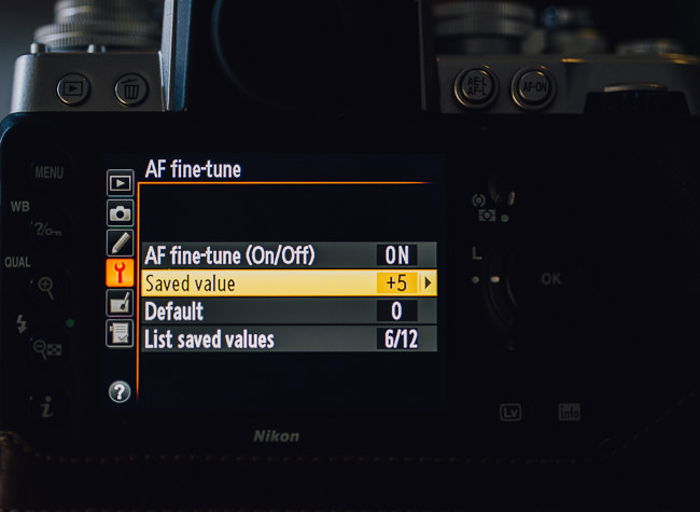 The AF fine-tune menu setting on a Nikon DSLR camera