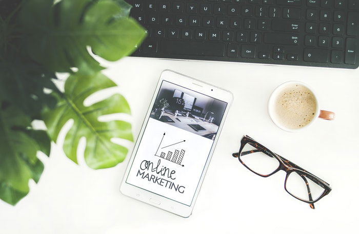 A flat lay of a plant, glasses and a smartphone with the screen reading 'online marketing'