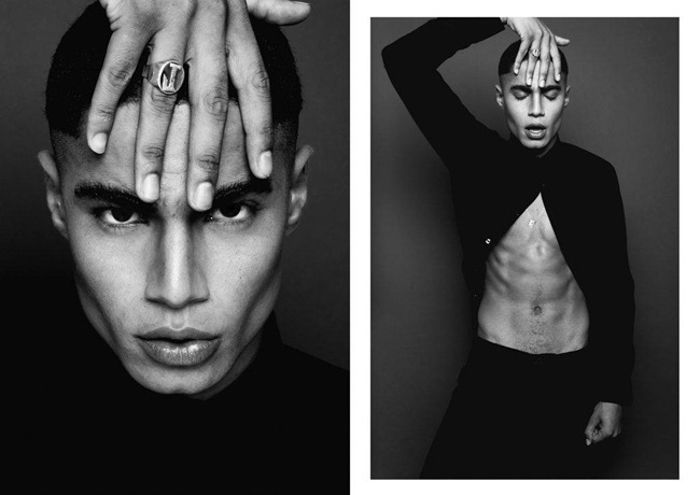 A fashion photography diptych of a male model posing, shot using ring flash photography