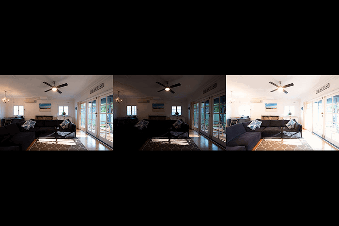 A triptych of interior photography, using bracketing settings 0 EV -2 EV +2 EV