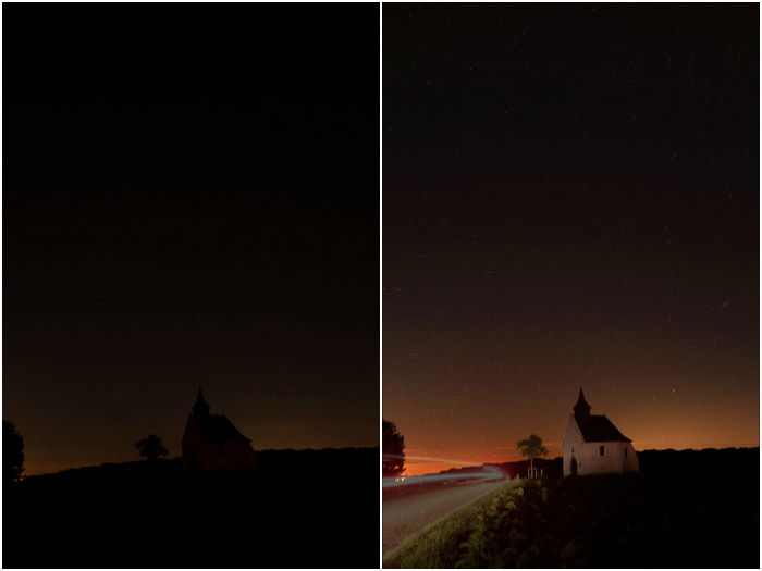 Diptych comparing the results of averaging 10 images (left) compared with Averaging+increasing exposure (1EV) for the same set of images (right).