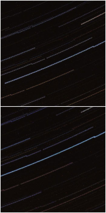 A diptych close up of startrails processed with StarStax