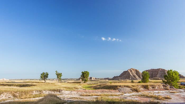 A desert landscape image on a clear day shot with a wide angle lens