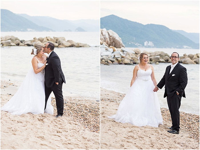 Destination wedding photography diptych of the couple posing on a beach