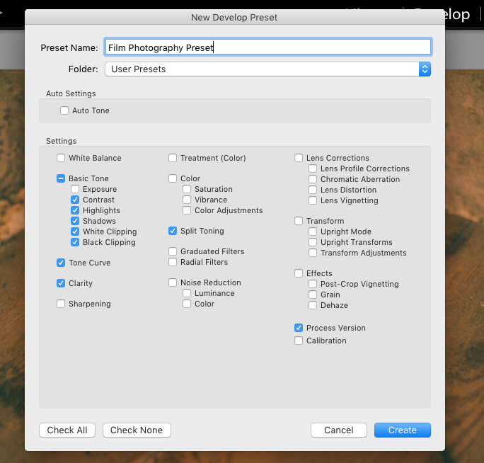 Saving a preset for a film photography look in Lightroom