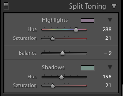 A screenshot showing how to use split toning to achieve the Film Photography look