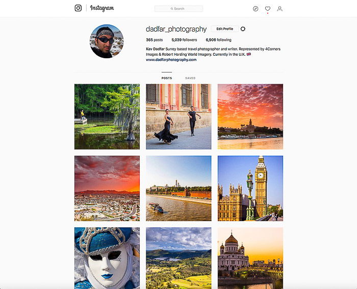 A screenshot of photographer Kav Dadfars instagram page