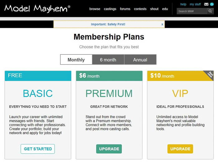 Screenshot of the model mayhem site price plan