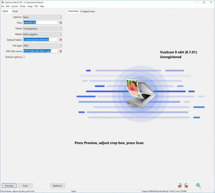 A screenshot of VueScan film scanning software interface