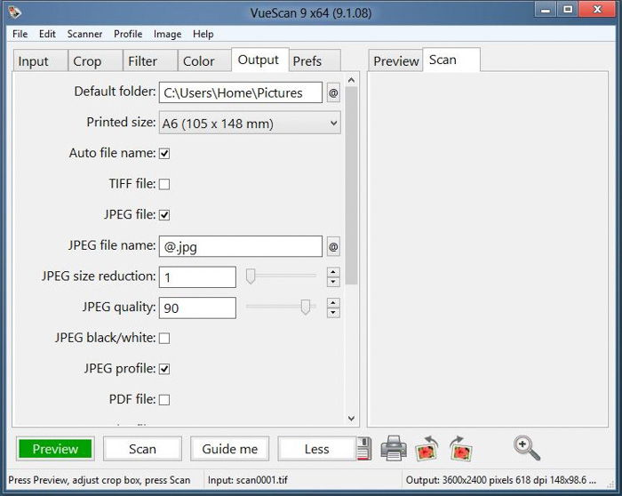 A screenshot of VueScan film scanning software interface