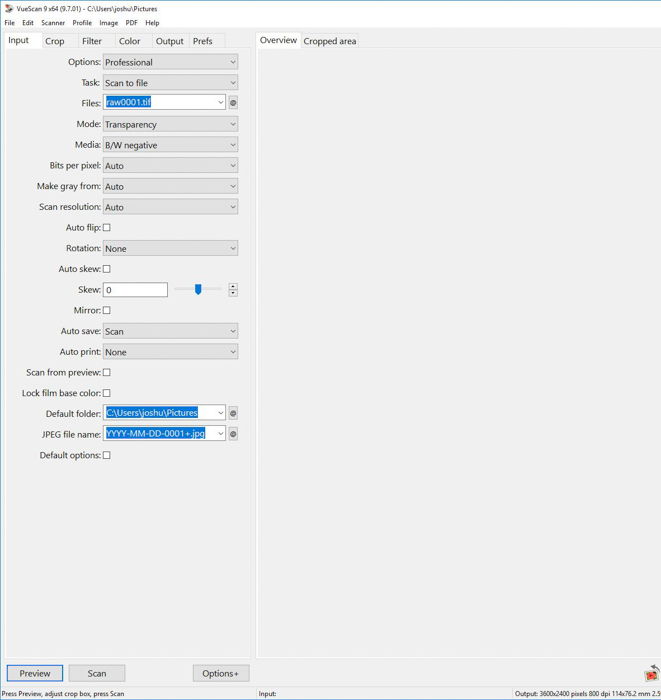 A screenshot of VueScan film scanning software interface