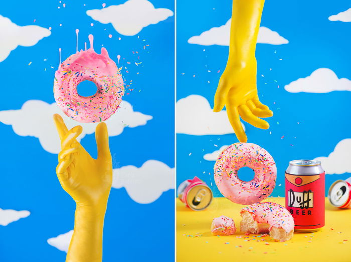 A Simpsons themed still life diptych with emphasis on contrasting colors yellow and blue