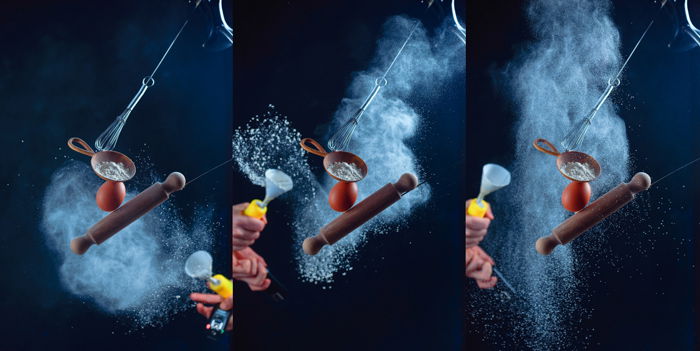 Triptych showing the stages of shooting a creative still life photo using flying kitchen utensils and flour clouds