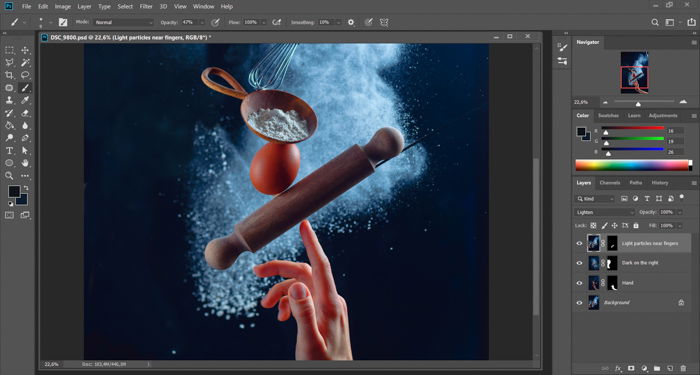 Screen shot of post processing a still life using flying kitchen utensils and flour clouds - creative still life photo