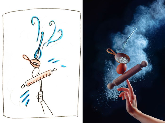 Diptych showing the initial sketch and finished still life shot using kitchen utensils and flour clouds 