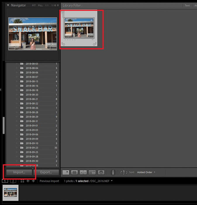 A screenshot showing how to import a photo to crop or straighten photos in Lightroom