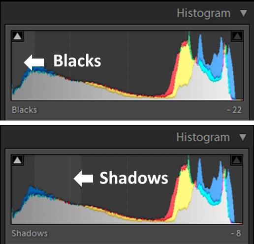 A screenshot of the lightroom histogram - using shadows and blacks in lightroom