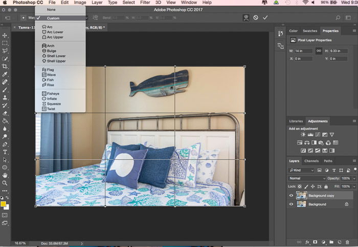 A screenshot showing how to use the Photoshop warp tool 