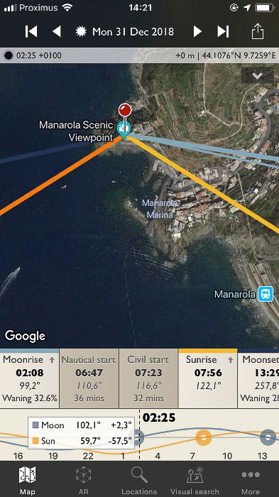 Screenshot of the Photographer's Ephemeris interface on a smartphone screen - Sun and Moonrise and set points are shown as line radiating from the location pin.