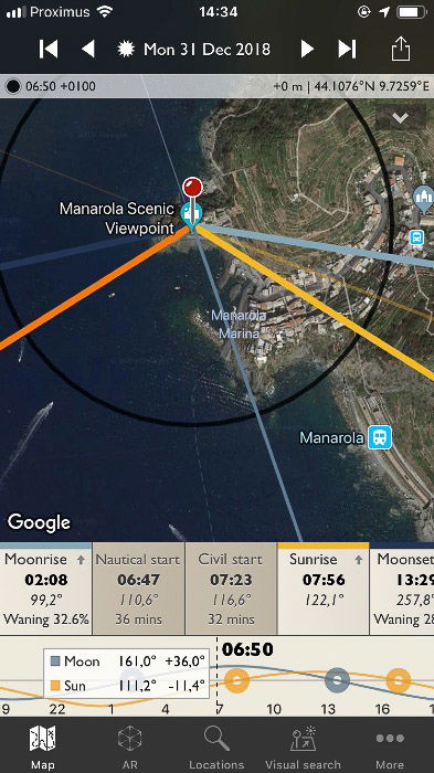 Screenshot of the Photographer's Ephemeris interface on a smartphone screen - Tinnier lines indicate the position of the Sun and the Moon throughout the day.