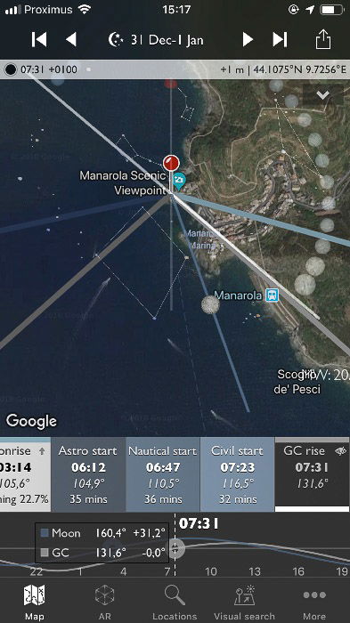 Screenshot of the Photographer's Ephemeris interface on a smartphone screen. The Info bar displays different info in night mode.