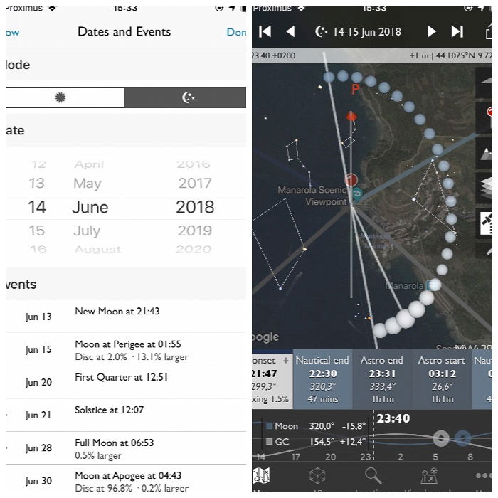 Screenshot of the Photographer's Ephemeris interface on a smartphone screen.