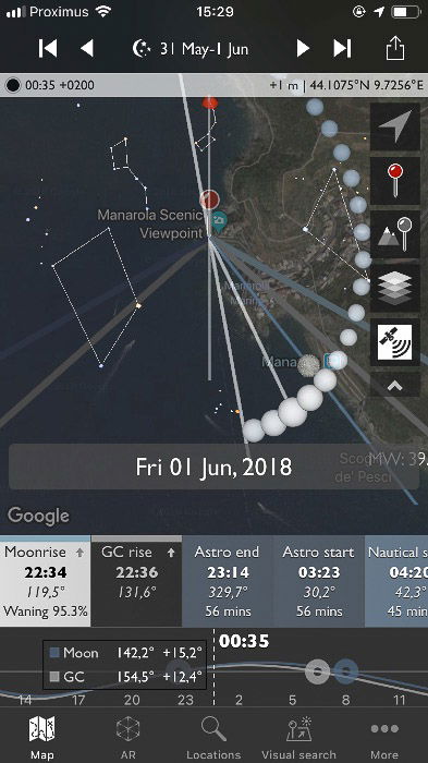 Screenshot of the Photographer's Ephemeris interface on a smartphone screen.