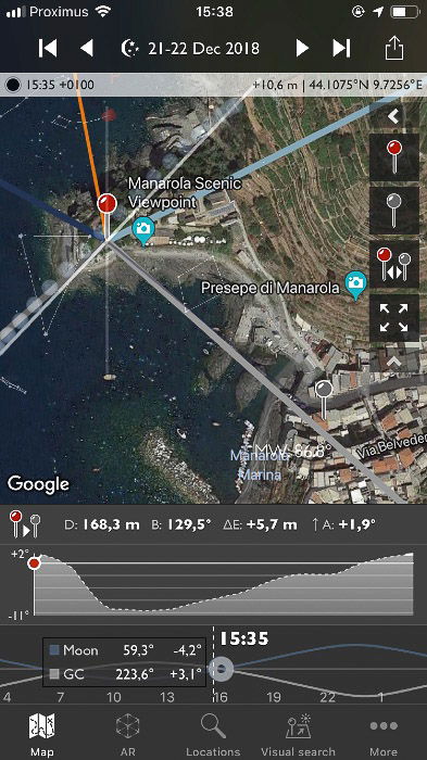 Screenshot of the Photographer's Ephemeris interface on a smartphone screen.