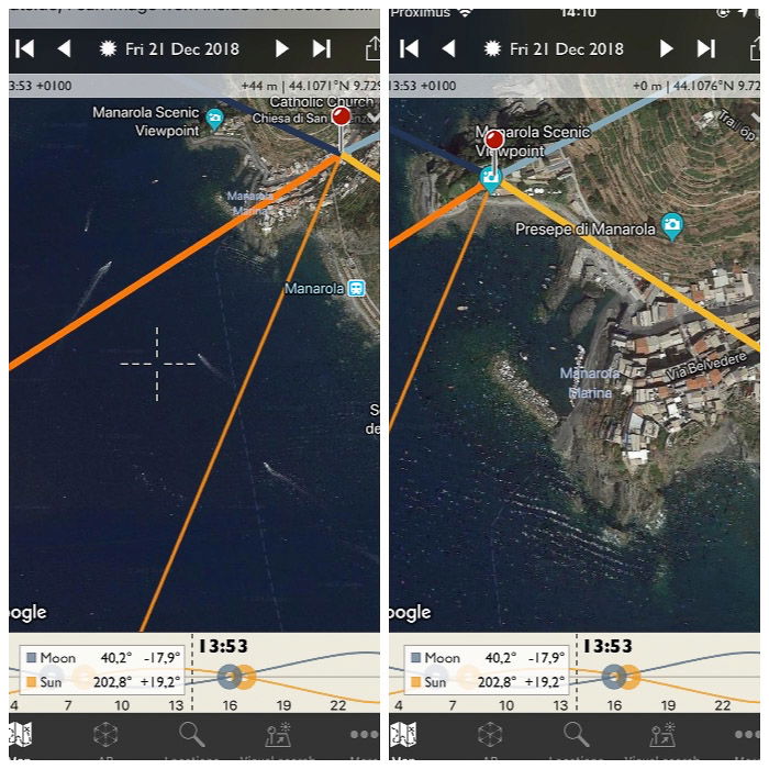 Screenshot of the Photographer's Ephemeris interface on a smartphone screen. Selecting the Scenic viewpoint as new location.