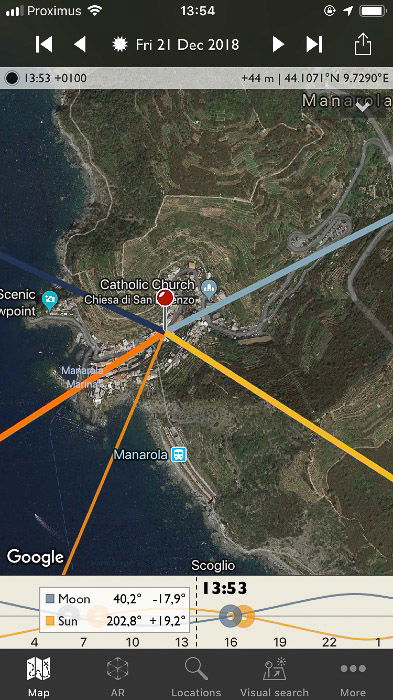 The Photographer's Ephemeris interface - The location is dropped over Manarola.