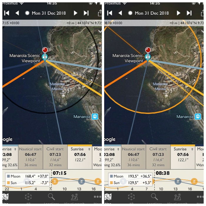 The Photographers Ephemeris shows the golden hour turning yellow the black circle centered on the location pin.