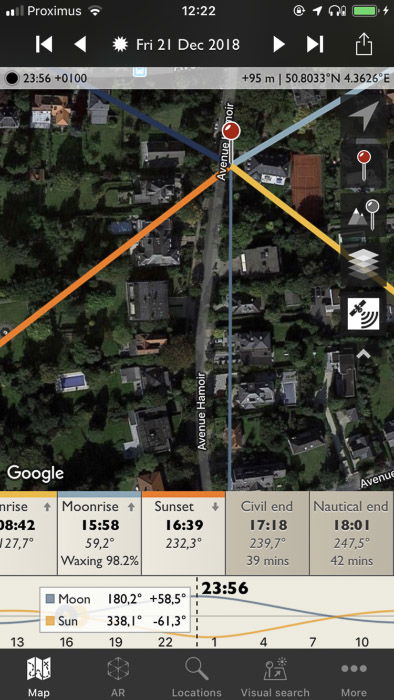 The Photographer's Ephemeris interface on a smartphone screen.